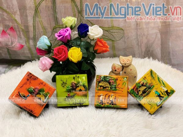 Đế lót ly sơn mài đồng quê đủ mẫu