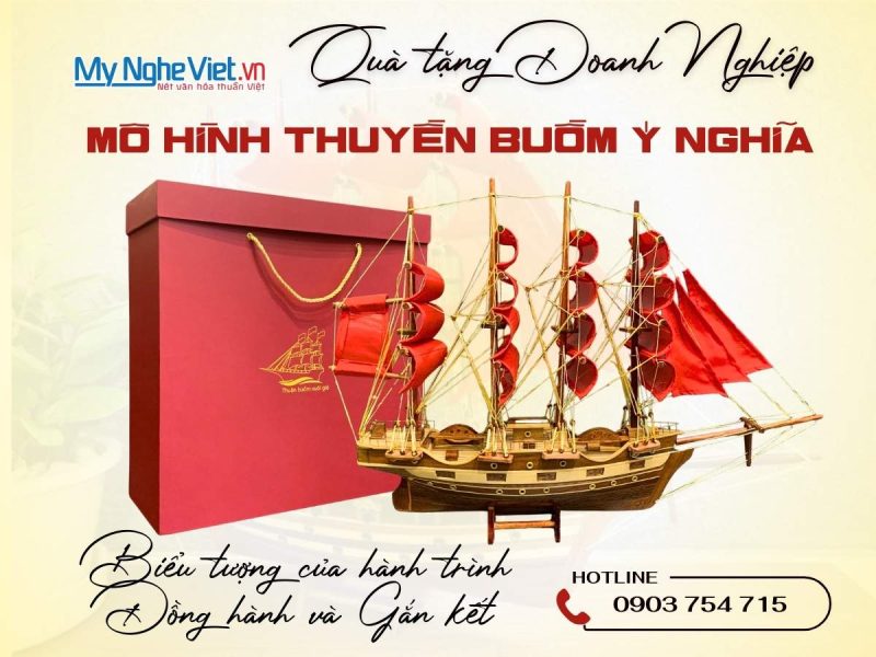 Mô hình thuyền buồm phong thủy France II 40cm buồm đỏ MNV-TB026-3