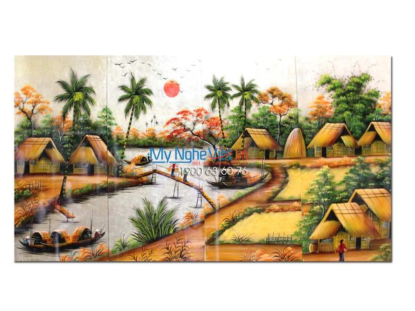 Bộ tranh sơn mài đồng quê qua cầu nền vàng MNV-TSM25
