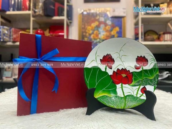 Tranh đĩa sơn mài hoa sen nền trắng D25 - TD25-TBL5