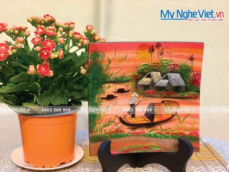 Tranh Đĩa Sơn Mài Vuông Vẽ Đồng Quê TD20V