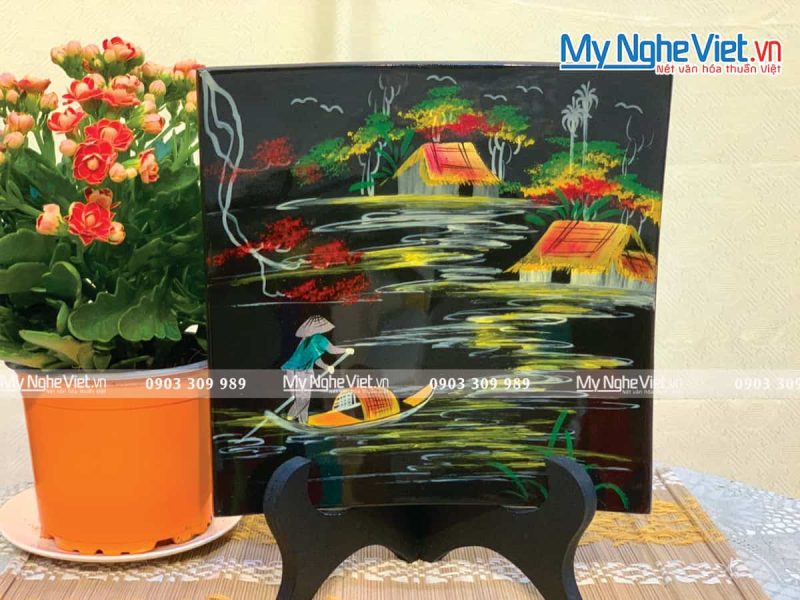 Tranh Đĩa Sơn Mài Vuông Vẽ Đồng Quê TD20V