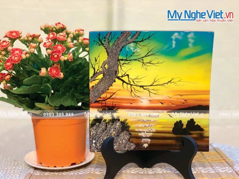 Tranh Đĩa Sơn Mài Vuông Vẽ Đồng Quê TD20V