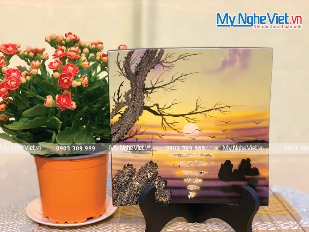 Tranh Đĩa Sơn Mài Vuông Vẽ Đồng Quê TD20V