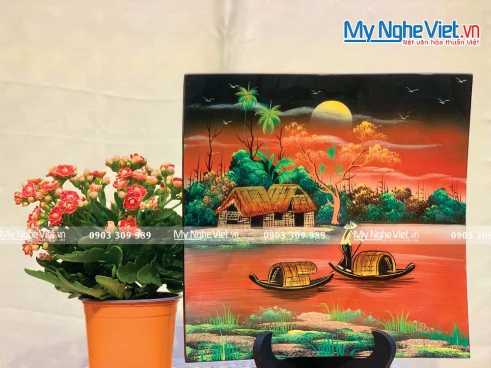 Tranh Đĩa Sơn Mài Vuông Đồng quê TSM541