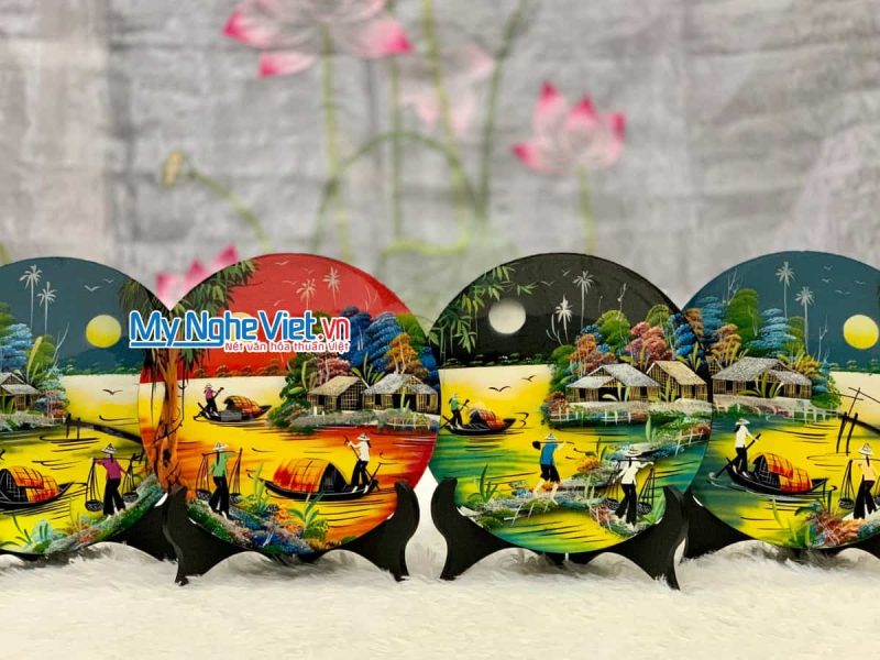 Tranh đồng quê hạnh phúc gia đình nền cam - Tranh sơn mài TSMTBL342-3 - Ảnh 2