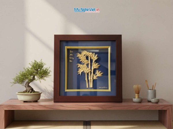 Tranh Đồng Tre trúc dát vàng nền xanh để bàn 24k và Hộp quà tặng cao cấp - MNVHD04.9
