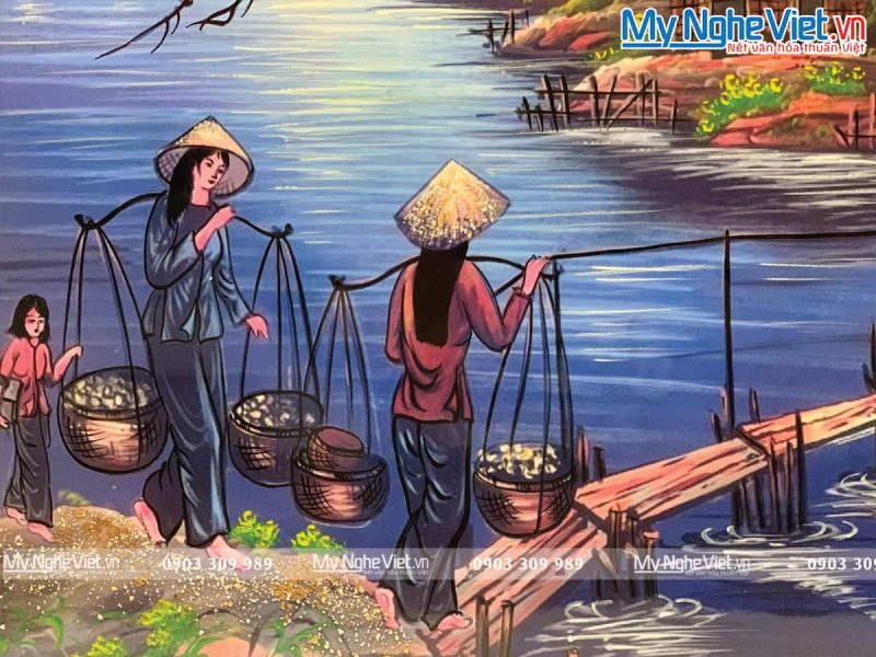 Tranh đồng quê qua cầu nền xanh lam - Tranh sơn mài TSMTBL343-3 - Ảnh 2