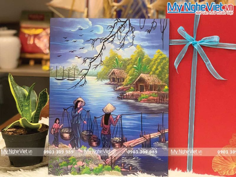 Tranh đồng quê qua cầu nền xanh lam - Tranh sơn mài TSMTBL343-3 - Ảnh 3