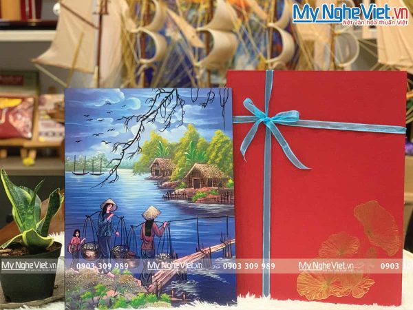 Tranh đồng quê qua cầu nền xanh lam - Tranh sơn mài TSMTBL343-3