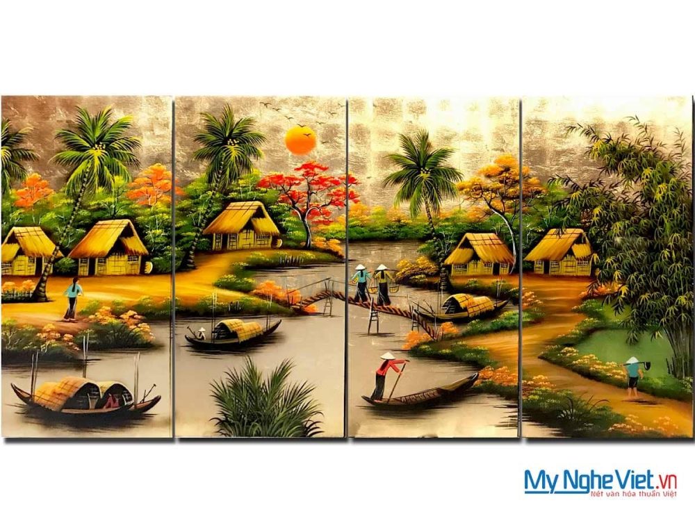 Bộ Tranh Sơn Mài Đồng Quê Qua Cầu Nền Vàng MNV-TSM36