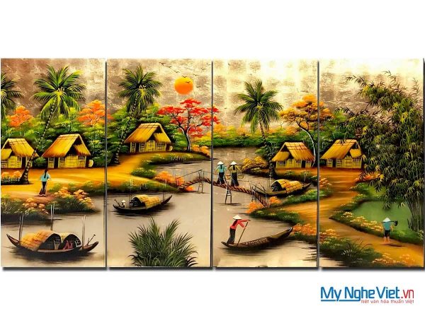 Bộ Tranh Sơn Mài Đồng Quê Qua Cầu Nền Vàng MNV-TSM36