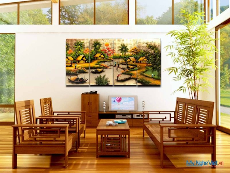 Bộ Tranh Sơn Mài Đồng Quê Qua Cầu Nền Vàng MNV-TSM36 - Ảnh 4