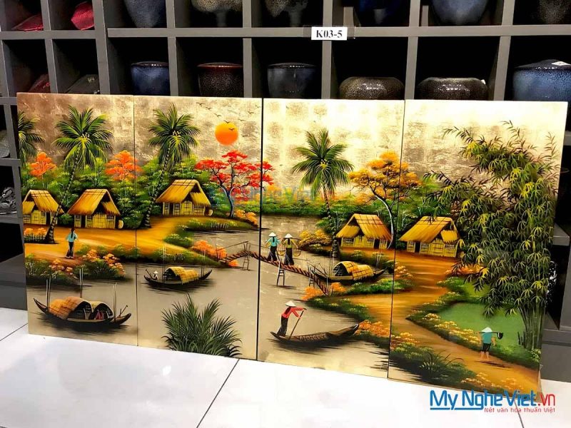 Bộ Tranh Sơn Mài Đồng Quê Qua Cầu Nền Vàng MNV-TSM36 - Ảnh 3