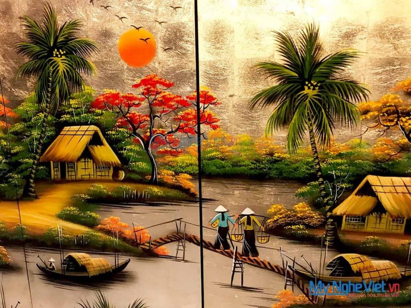 Bộ Tranh Sơn Mài Đồng Quê Qua Cầu Nền Vàng MNV-TSM36 - Ảnh 2