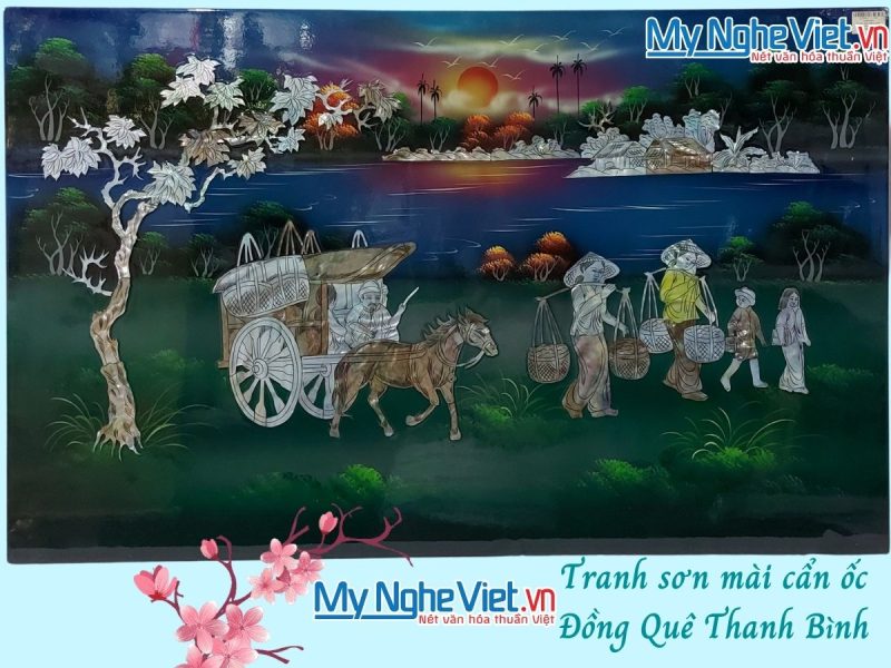 Tranh sơn mài đồng quê cẩn ốc nền màu xanh MNV-TSM5831 - Ảnh 2