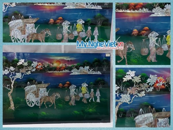Tranh sơn mài đồng quê cẩn ốc nền màu xanh MNV-TSM5831