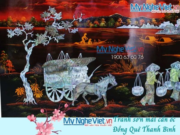 Tranh sơn mài đồng quê cẩn ốc nền ấm MNV-TSM5831-1