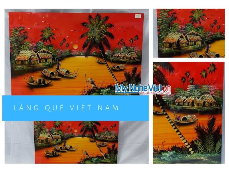 Tranh Sơn mài Đồng Quê Vẽ Cao Cấp nền đỏ cam TSMCC574-1 - Ảnh 3