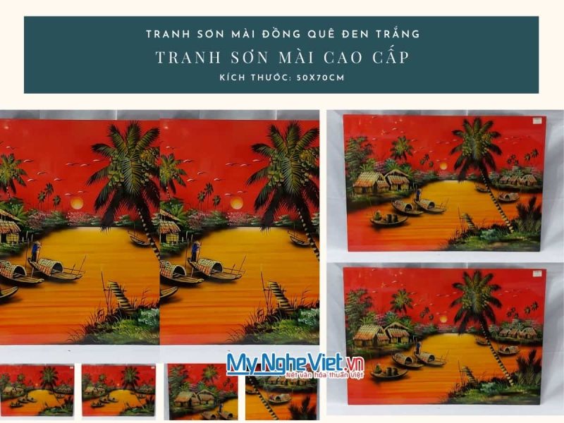 Tranh Sơn mài Đồng Quê Vẽ Cao Cấp nền đỏ cam TSMCC574-1 - Ảnh 2