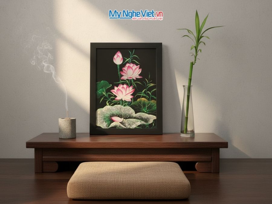 Tranh Sơn Mài Hoa Sen Và Hộp Quà Tặng Cao Cấp