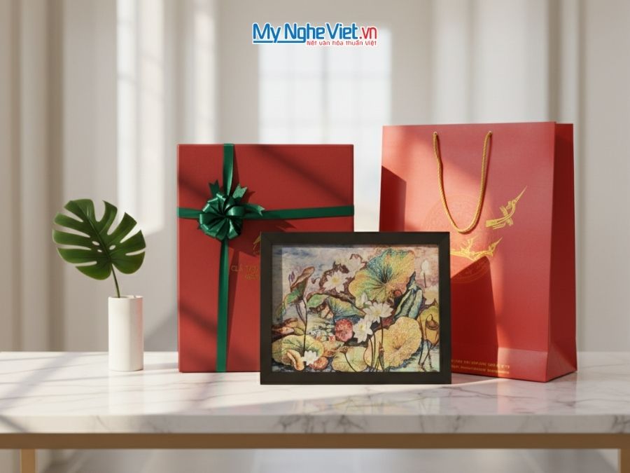 Tranh Sơn Mài Hoa Sen Và Hộp Quà Tặng Cao Cấp