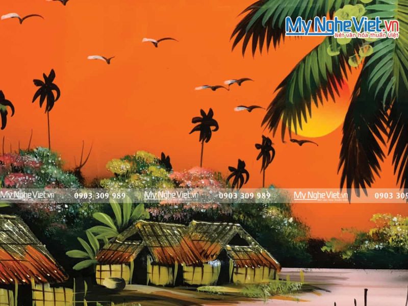 Tranh đồng quê bến nước con thuyền Việt Nam - Tranh sơn mài TSM46 -HV01 - Ảnh 3