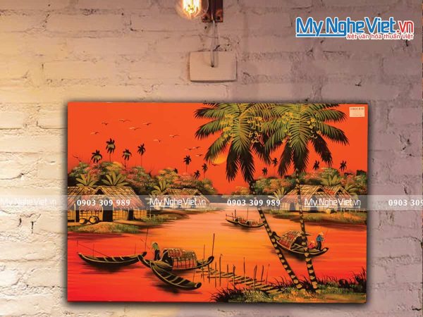 Tranh đồng quê bến nước con thuyền Việt Nam - Tranh sơn mài TSM46 -HV01