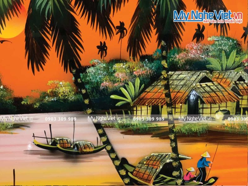 Tranh đồng quê bến nước con thuyền Việt Nam - Tranh sơn mài TSM46 -HV01 - Ảnh 2
