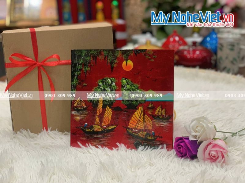 Tranh sơn mài vẽ cảnh vịnh hạ long đủ mẫu 20x20 TSM223-3 - Ảnh 3