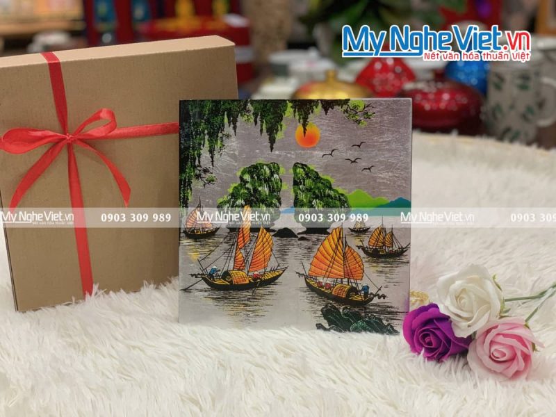 Tranh sơn mài vẽ cảnh vịnh hạ long đủ mẫu 20x20 TSM223-3 - Ảnh 2