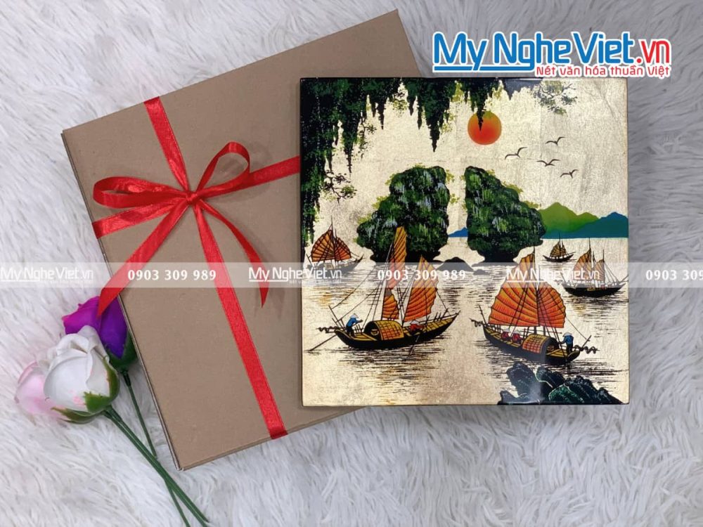 Tranh sơn mài vẽ cảnh vịnh hạ long đủ mẫu 20x20 TSM223-3