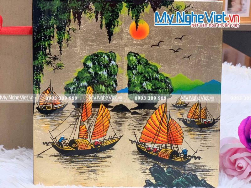 Tranh sơn mài vẽ cảnh vịnh hạ long đủ mẫu 20x20 TSM223-3 - Ảnh 4