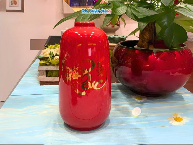 Bộ 3 lọ hoa gốm Bát Tràng Phúc Lộc Thọ dát vàng kim CBLHG036-2 - Ảnh 5