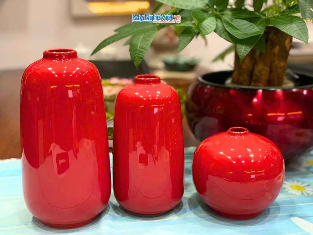 Bộ 3 lọ hoa gốm Bát Tràng Phúc Lộc Thọ dát vàng kim