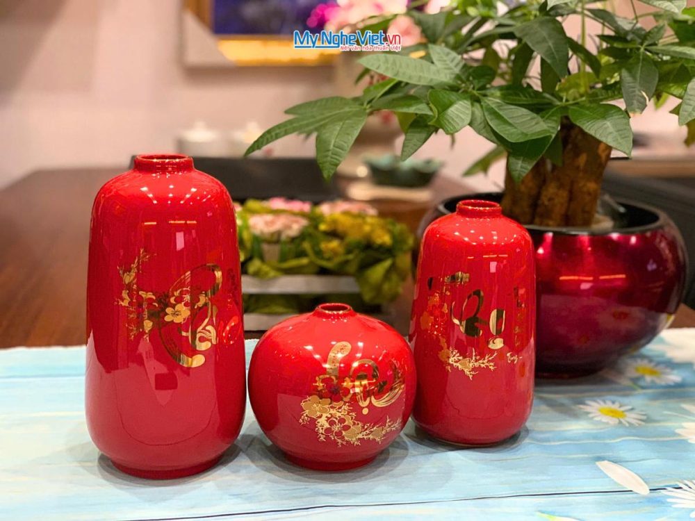 Bộ 3 lọ hoa gốm Bát Tràng Phúc Lộc Thọ dát vàng kim