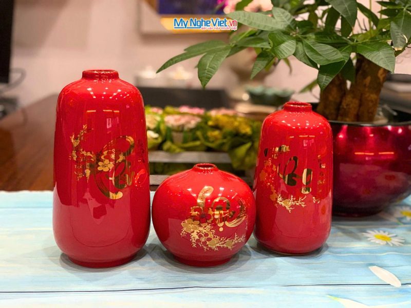 Bộ 3 lọ hoa gốm Bát Tràng Phúc Lộc Thọ dát vàng kim CBLHG036-2 - Ảnh 2