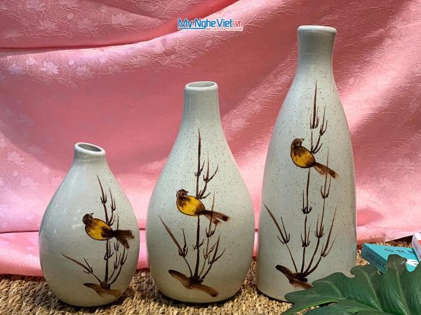 Bộ 3 lọ hoa gốm men tấm chim trúc Bát Tràng