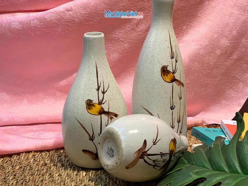 Bộ 3 lọ hoa gốm men tấm chim trúc Bát Tràng