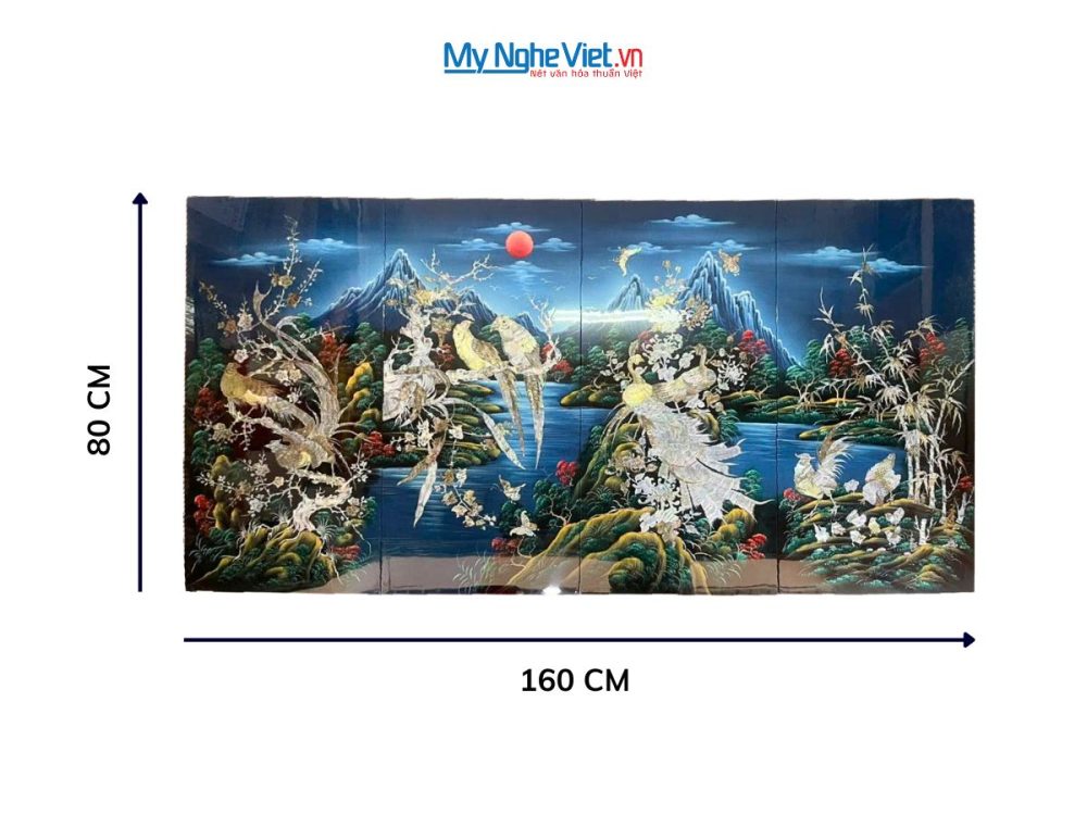 Tranh bộ công gà chim két nền xanh