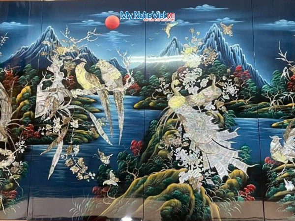 Tranh bộ công gà chim két nền xanh