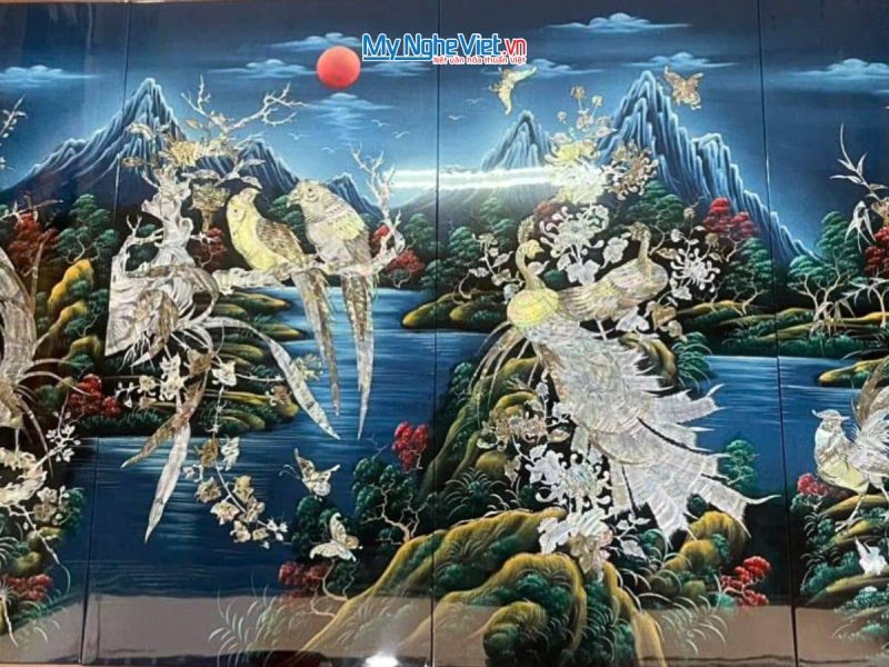 Tranh bộ công gà chim két nền xanh