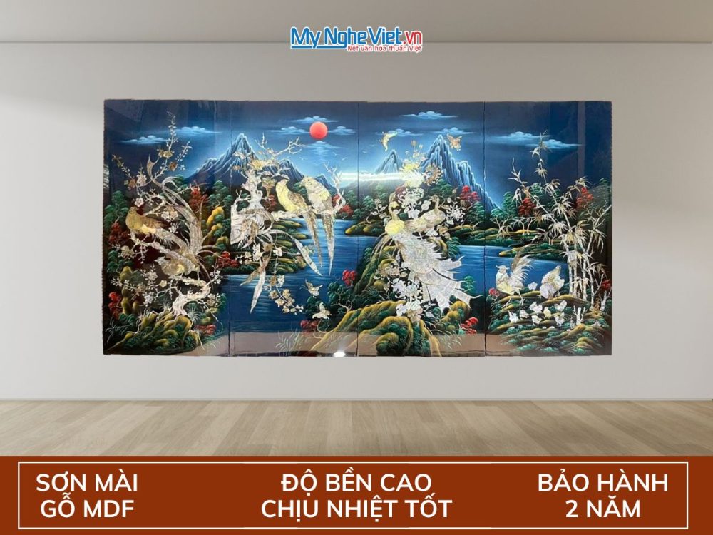 Tranh bộ công gà chim két nền xanh