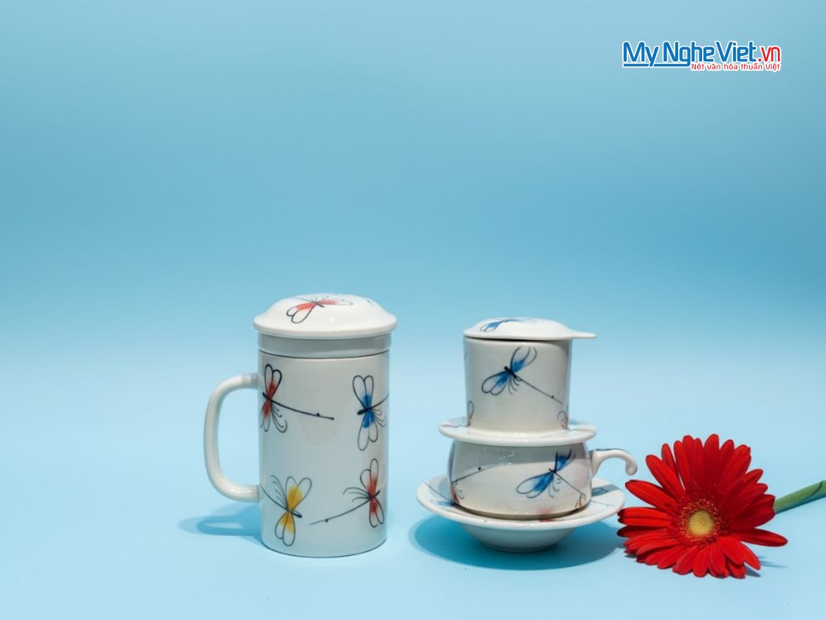 Combo Ly Lọc Trà và phin cafe vẽ chuồn kim xanh đỏ