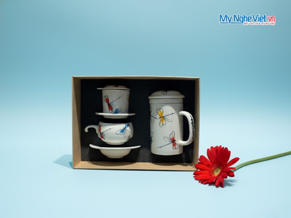 Combo Ly Lọc Trà và phin cafe vẽ chuồn kim xanh đỏ