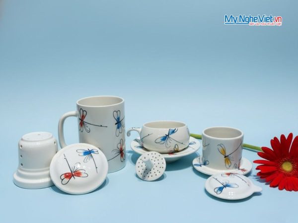 Combo Ly Lọc Trà và phin cafe vẽ chuồn kim xanh đỏ