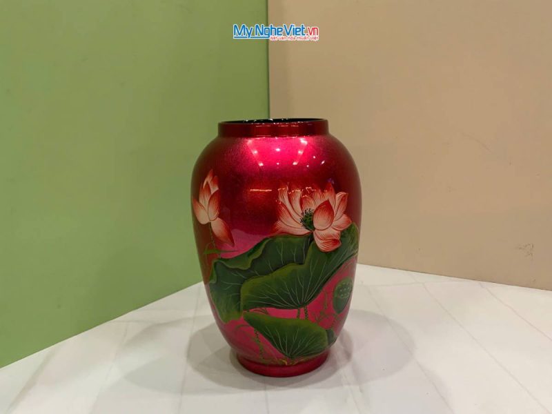 Lọ hoa sơn mài hoa sen đắp nổi phù điêu LHSMDH25-6.4 - Ảnh 2