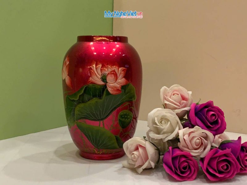 Lọ hoa sơn mài hoa sen đắp nổi phù điêu LHSMDH25-6.4 - Ảnh 4