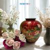 Lọ Hoa Đắp Nổi phù điêu sen nền đỏ