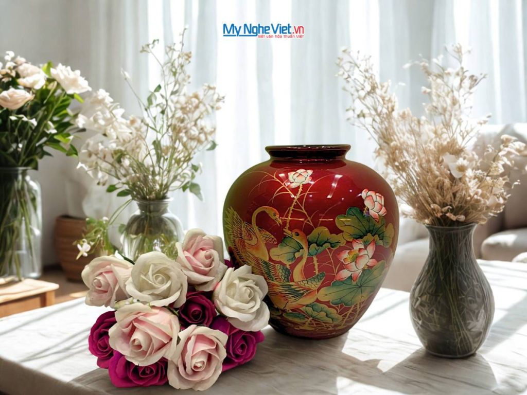 Lọ Hoa Đắp Nổi phù điêu sen nền đỏ